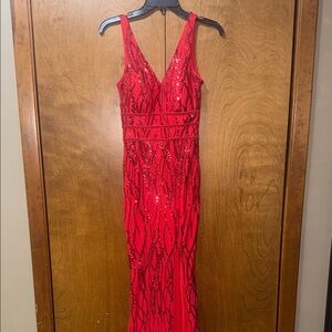 Red V-Neck Sequin Evening Gown